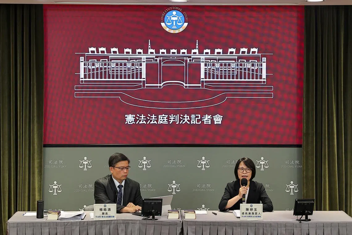 Members of the Taiwan constitutional court hold a press conference after the ruling on the constitutionality of the death penalty in a case brought by 37 people currently on death row, in Taipei, Taiwan September 20, 2024. REUTERS/Ann Wang