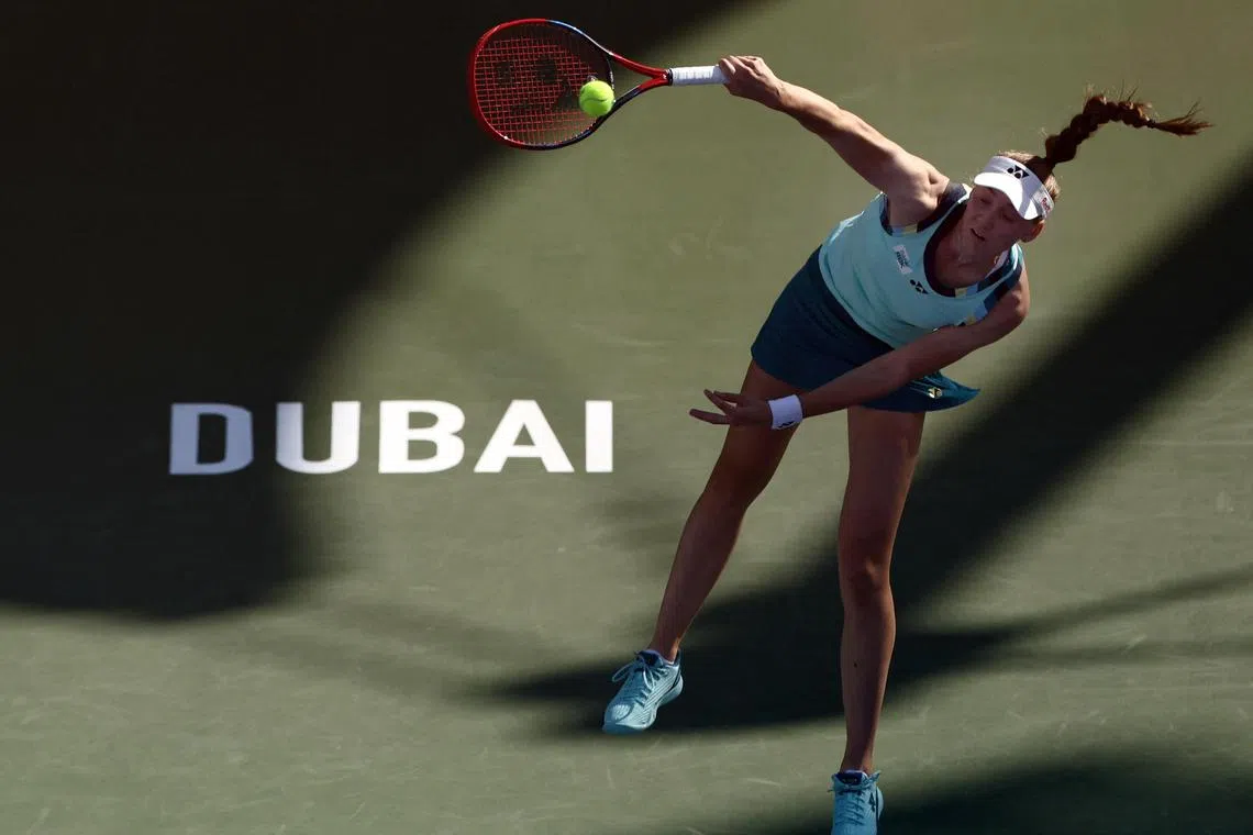 Kazakhstan's Elena Rybakina in action during her round of 16 match against Poland's Magdalena Frech.