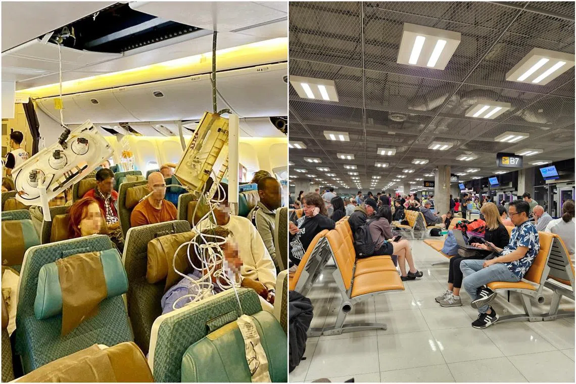 Oxygen masks (left) are seen onboard Singapore Airlines flight SQ321 after an emergency landing at Bangkok's Suvarnabhumi International Airport on May 21.