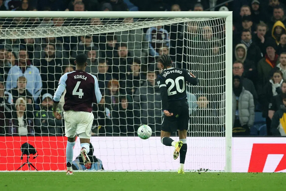 Soccer Football - Premier League - Aston Villa v Chelsea - Villa Park, Birmingham, Britain - March 4, 2026 Chelsea's Joao Pedro scores their fourth goal to complete a hat-trick Action Images via Reuters/Andrew Boyers