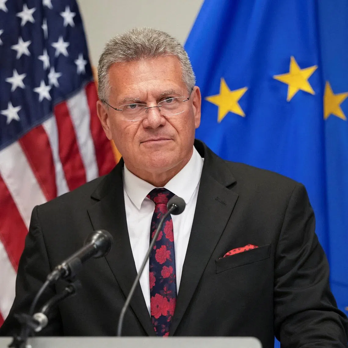 European Commissioner for Trade and Economic Security Maros Sefcovic at a briefing on April 24. Negotiators from the EU’s Parliament and capitals will meet on May 19 to push for a compromise that would allow the bloc to end more than a year of transatlantic trade battles with the US.