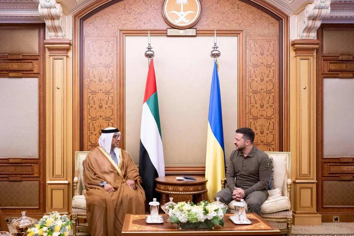Ukrainian President Volodymyr Zelensky (right) meets UAE's Vice-President Sheikh Mansour bin Zayed Al Nahyan during the Arab League summit on May 19.