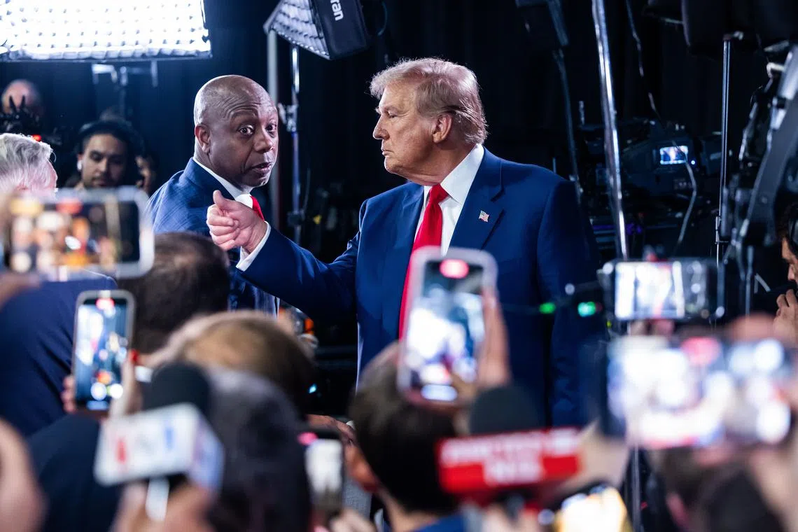 Republican presidential nominee and former US president Donald Trump speaks to members of the media following his presidential debate with Vice President Kamala Harris.