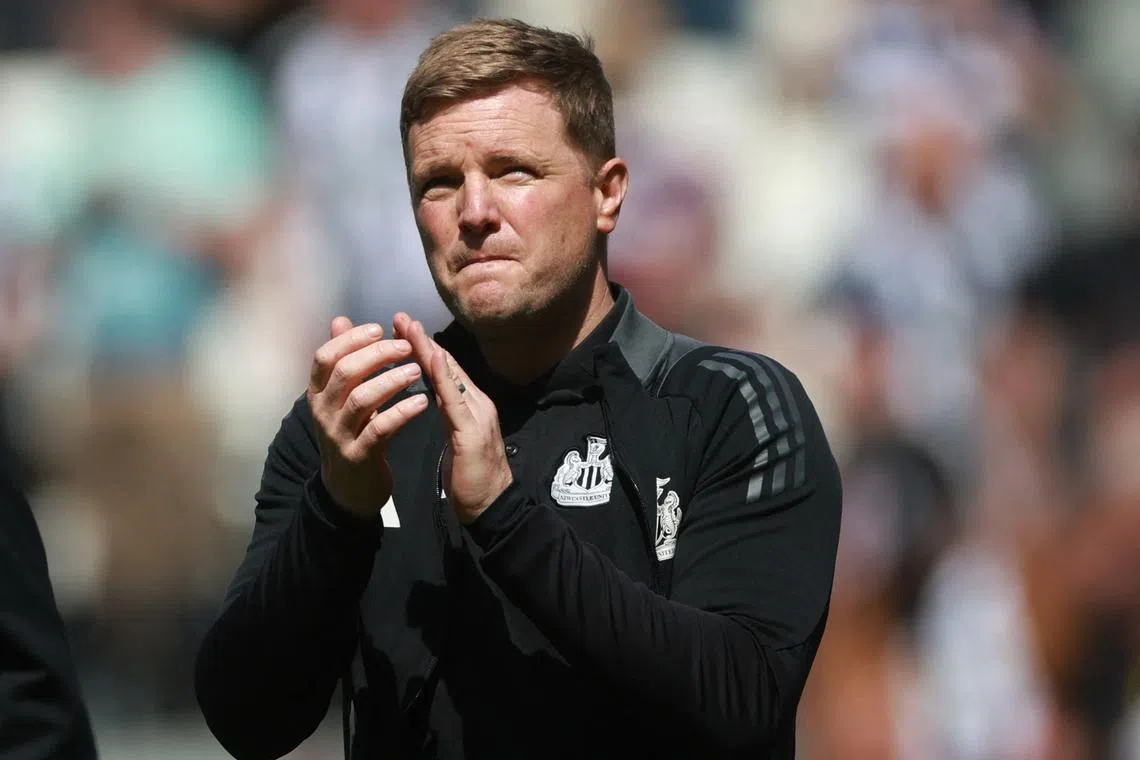 FILE PHOTO: Soccer Football - Premier League - Newcastle United v Chelsea - St James' Park, Newcastle, Britain - May 11, 2025 Newcastle United manager Eddie Howe celebrates after the match Action Images via Reuters/Lee Smith/File Photo