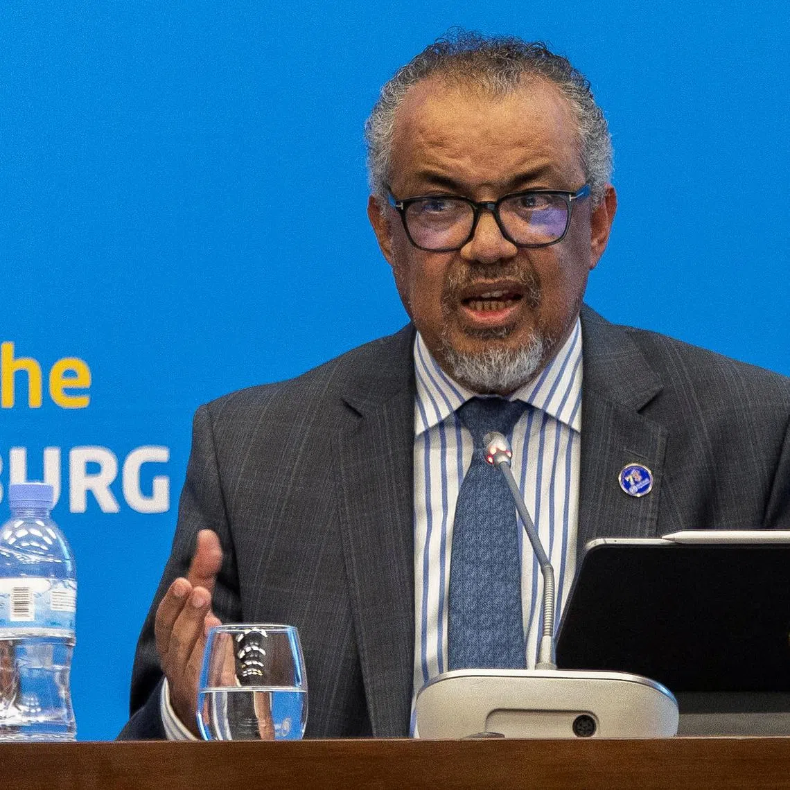 FILE PHOTO: World Health Organization Director-General Tedros Adhanom Ghebreyesus addresses a press conference on the Marburg virus outbreak at the Kigali Convention Center in Kigali, Rwanda, October 20, 2024. REUTERS/Jean Bizimana/File Photo
