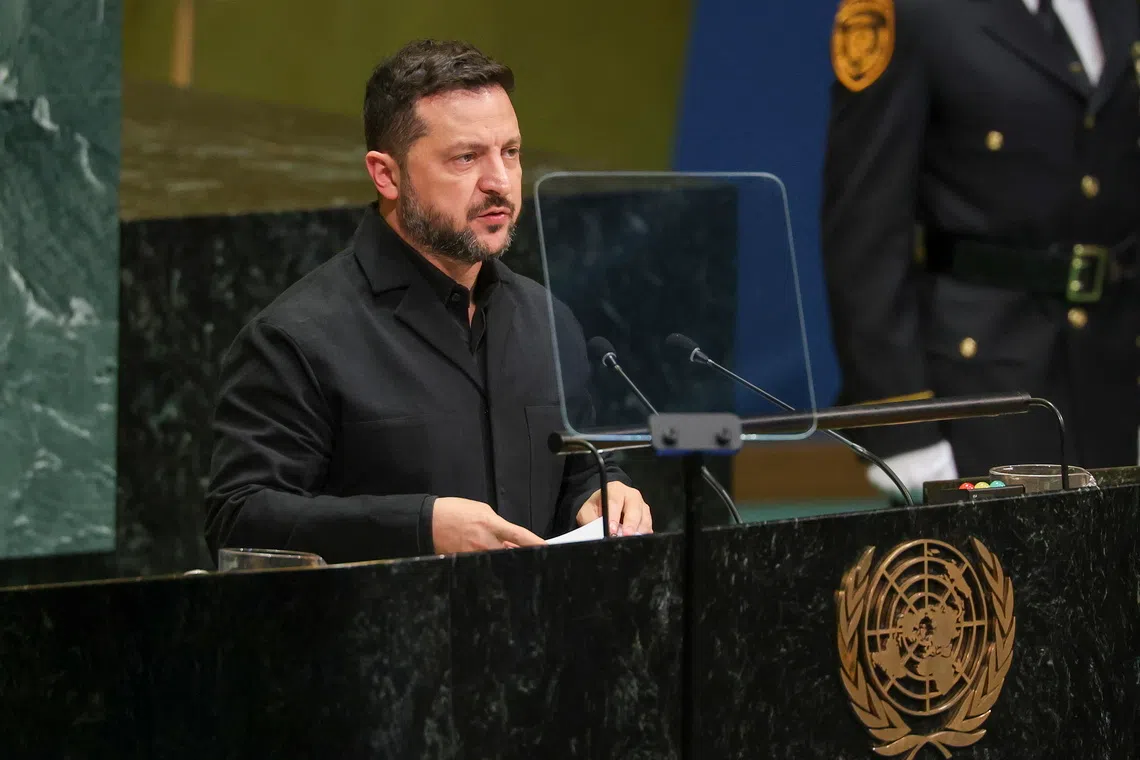 Ukrainian President Volodymyr Zelensky speaking at the 81st session of the United Nations General Assembly in New York, on Sept 23.