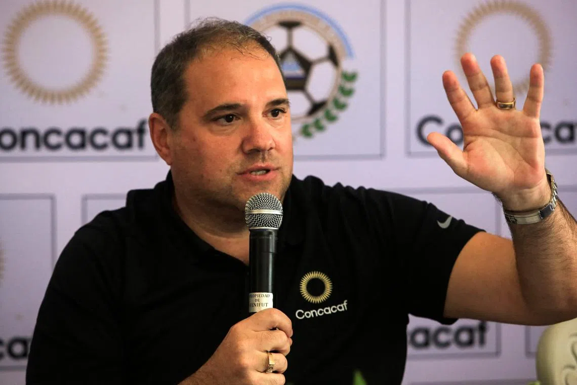 Concacaf President Victor Montagliani speaking during a press conference at the National stadium in Managua on May 9.