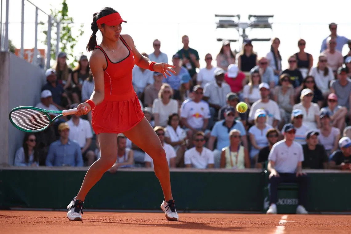 Tennis - French Open - Roland Garros, Paris, France - May 24, 2026  Britain's Emma Raducanu in action during her first round match against Argentina's Solana Sierra REUTERS/Guglielmo Mangiapane