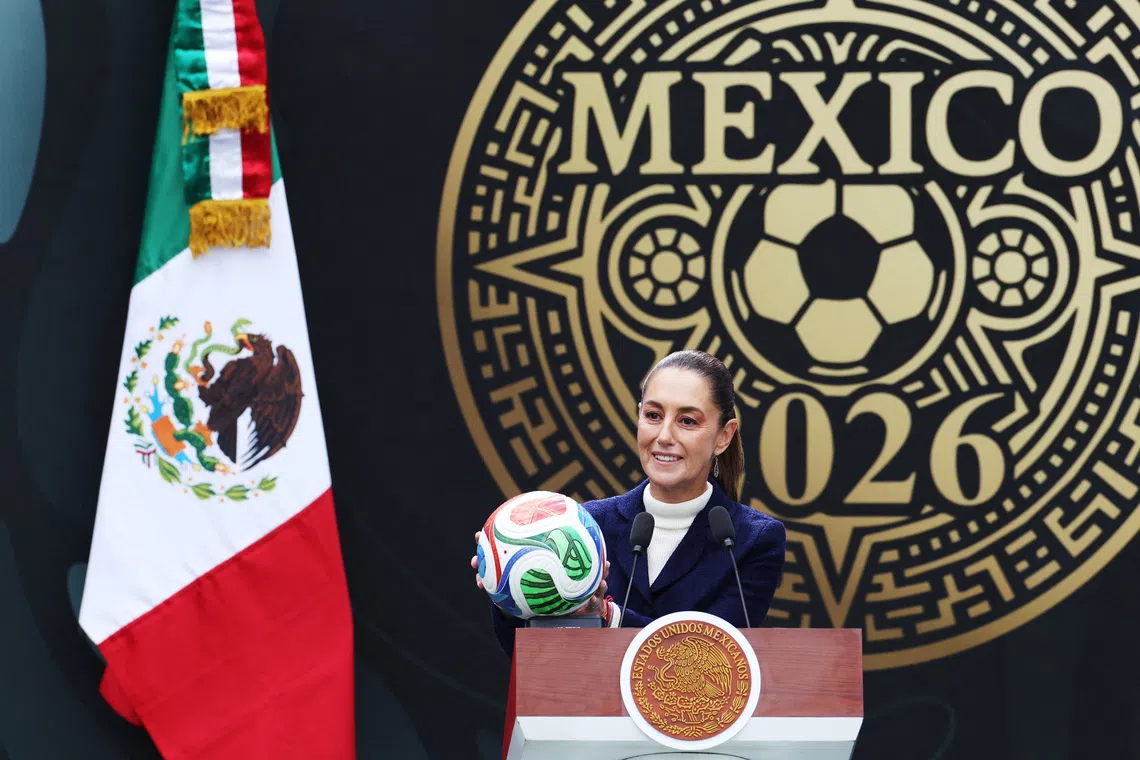 Mexican President Claudia Sheinbaum speaks during the official presentation of the 2026 FIFA World Cup at the Los Pinos Cultural Complex.
