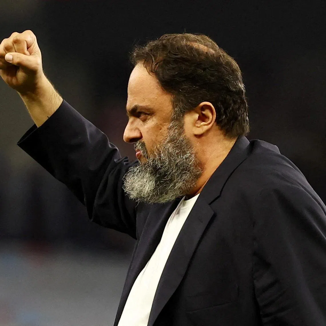 Olympiacos owner Evangelos Marinakis, who also owns Nottingham Forest, celebrating after their Europa League match against Aston Villa.