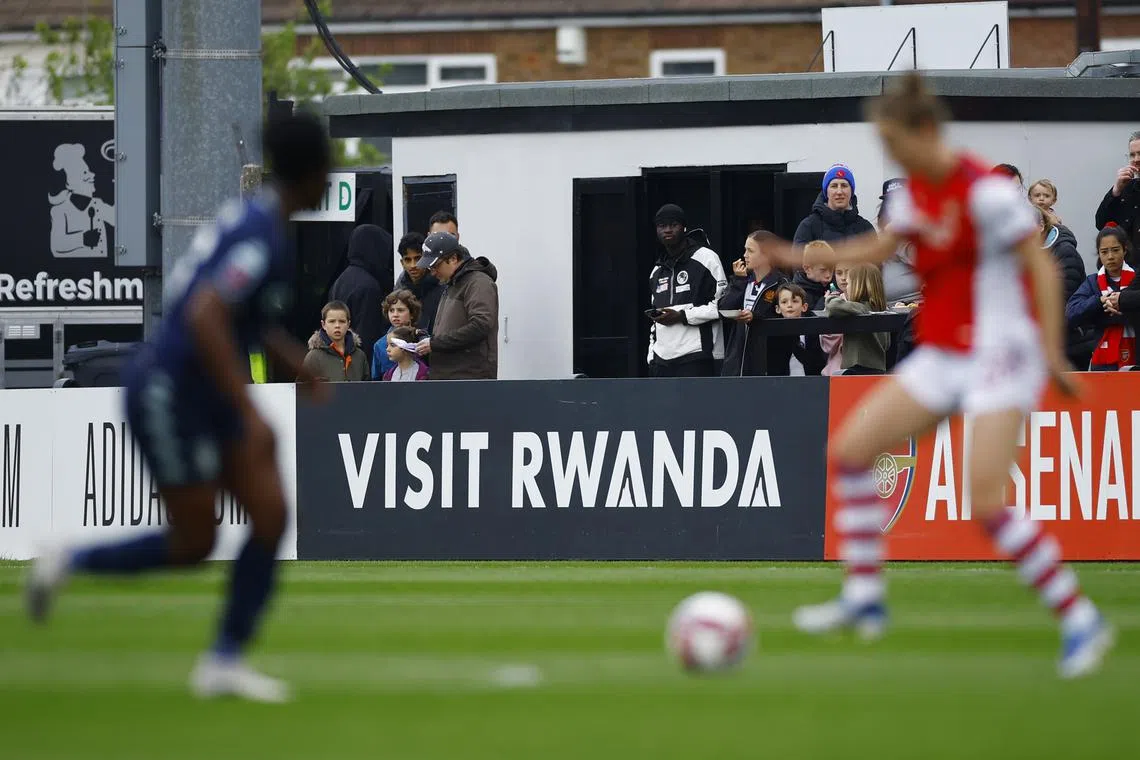 FILE PHOTO: Soccer Football - Women's Super League - Arsenal v Aston Villa - Meadow Park, Borehamwood, Britain - May 1, 2022 Visit Rwanda advertisement Action Images via Reuters/Andrew Boyers/File Photo