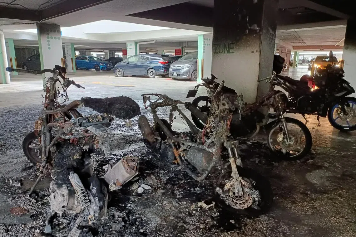 SCDF was alerted at 11.20pm on Jan 26 to the fire at Block 415A Fernvale Link. It involved three motorcycles and was extinguished using a water jet.