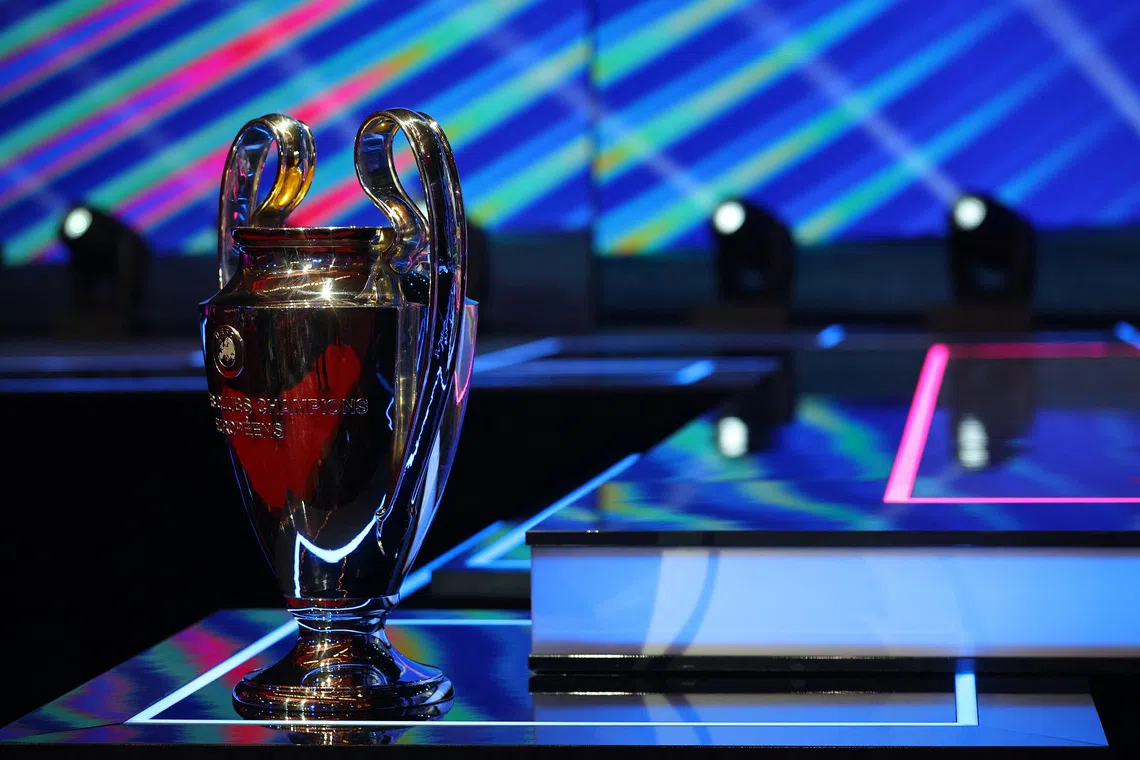 FILE PHOTO: Soccer Football - UEFA Champions League - Grimaldi Forum, Monaco - August 27, 2026 General view of the Champions League trophy ahead of the league phase draw REUTERS/Manon Cruz/File Photo