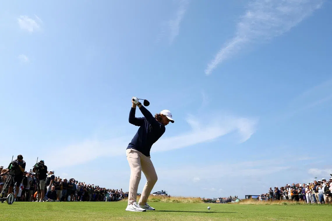 England's Tommy Fleetwood tees off on the 16th hole during the first round.