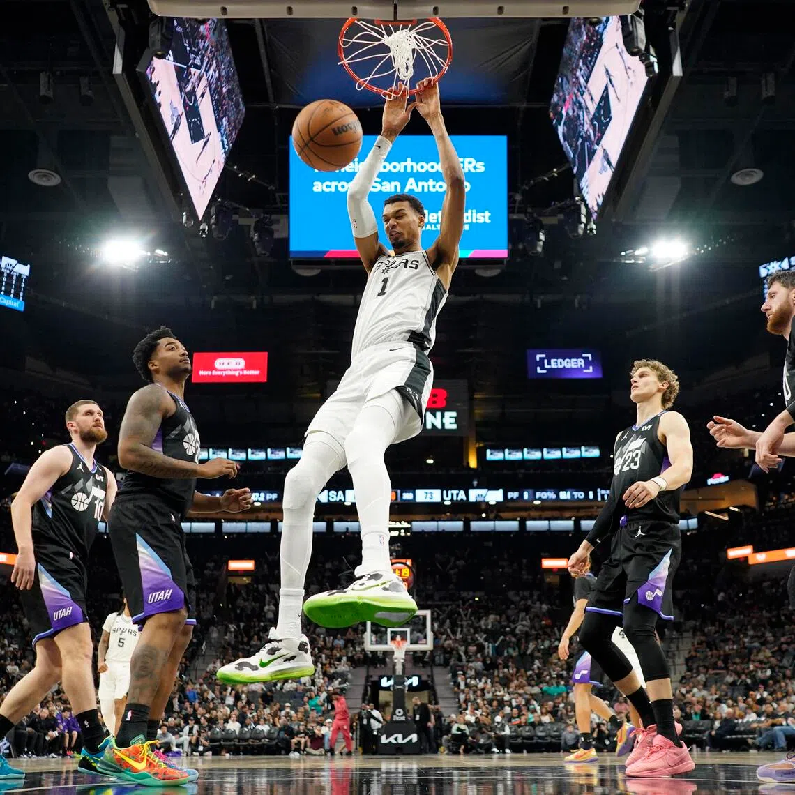 San Antonio Spurs forward Victor Wembanyama dunking during the second half of the 127-114 NBA loss to the Utah Jazz at Frost Bank Center on Dec 27, 2025
