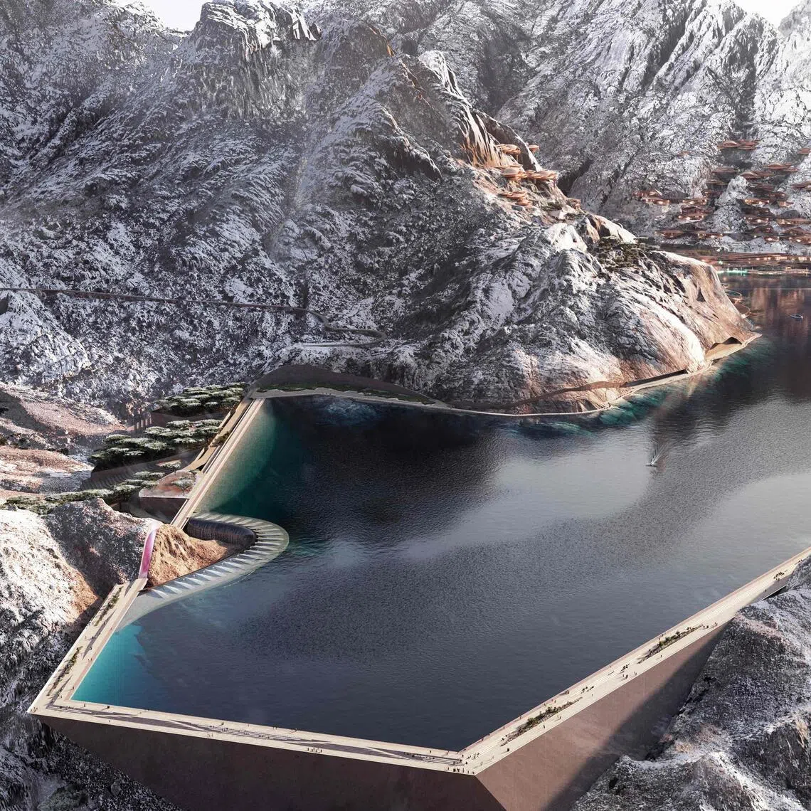 The design plan for Trojena, an area in Saudi Arabia's planned megacity of Neom which has been chosen to host the 2029 Asian Winter Games. The event has since been postponed to a later date, the Olympic Council of Asia and the Saudi Arabian Olympic Committee announced in a joint statement on Jan 24.