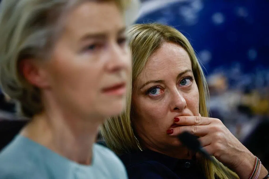 European Commission President Ursula von der Leyen and Italian Prime Minister Giorgia Meloni attend a press conference at the airport after a visit to the hotspot, a reception centre for migrants, and later the port where they arrive, in Lampedusa, Italy, September 17, 2023. REUTERS/Yara Nardi/File Photo