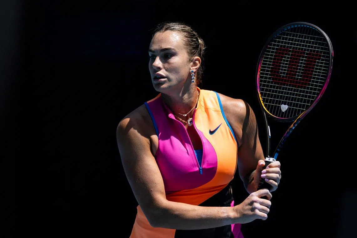 Jan 21, 2026; Melbourne, Victoria, Australia; Aryna Sabalenka in action against Zhuoxuan Bai of China in the second round of the women’s singles at the Australian Open at Rod Laver Arena in Melbourne Park. Mandatory Credit: Mike Frey-Imagn Images