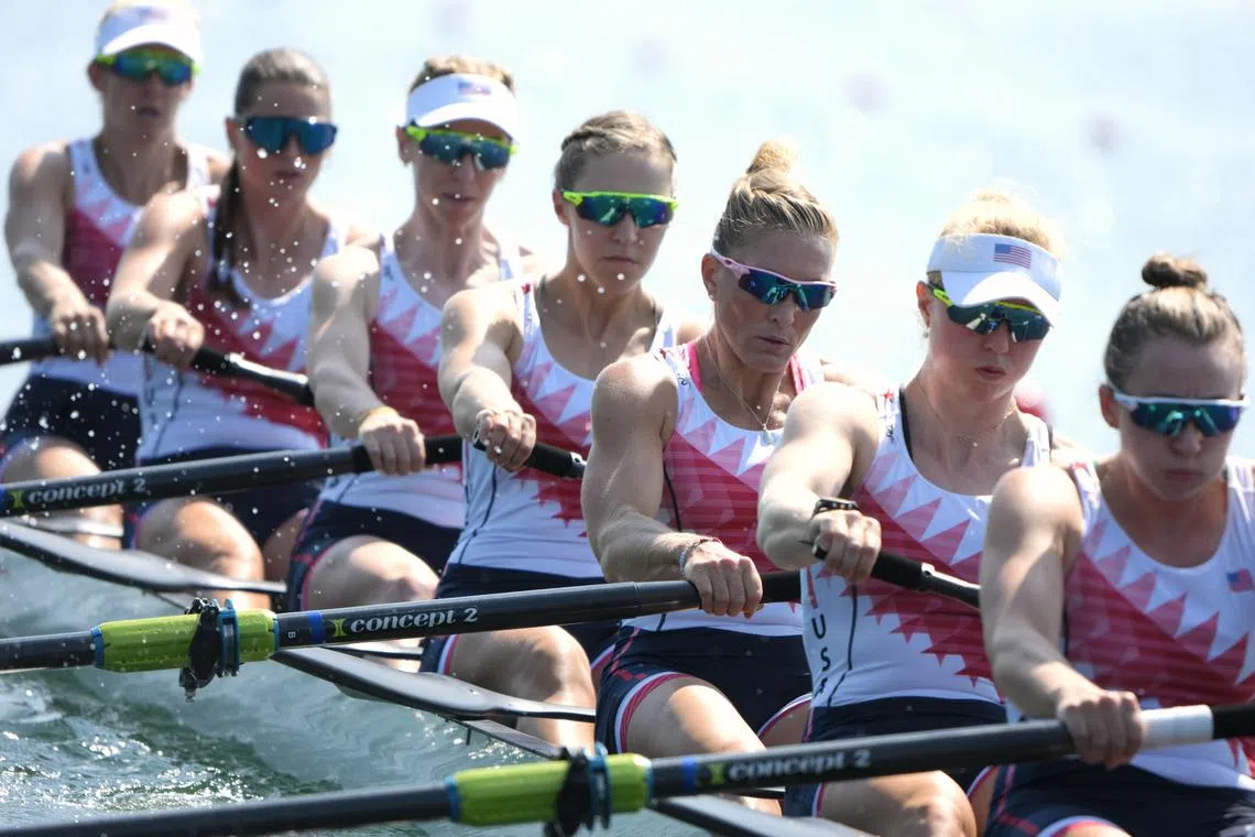 (For Kim’s feature)  American rower Meghan Musnicki (third from right) in action during the Paris 2024 Olympics Women’s Rowing Eight heats held on July 29, 2024.