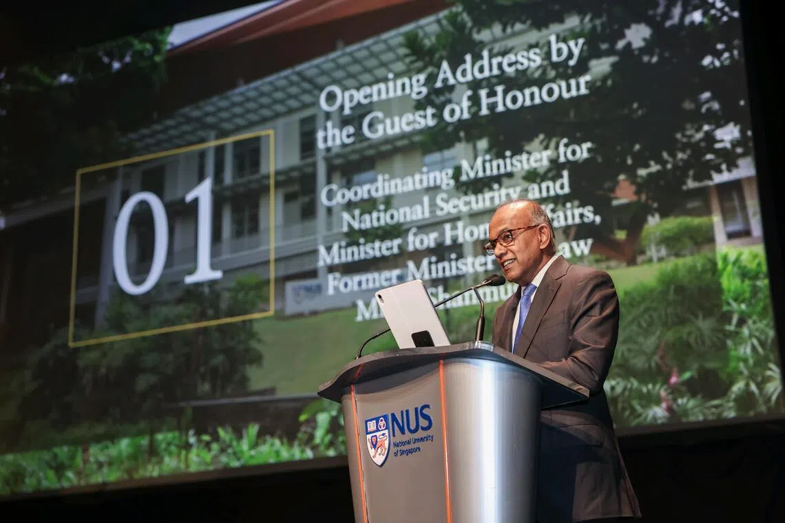 Coordinating Minister for National Security K. Shanmugam speaking at the National University of Singapore Law freshmen inauguration ceremony on July 26.