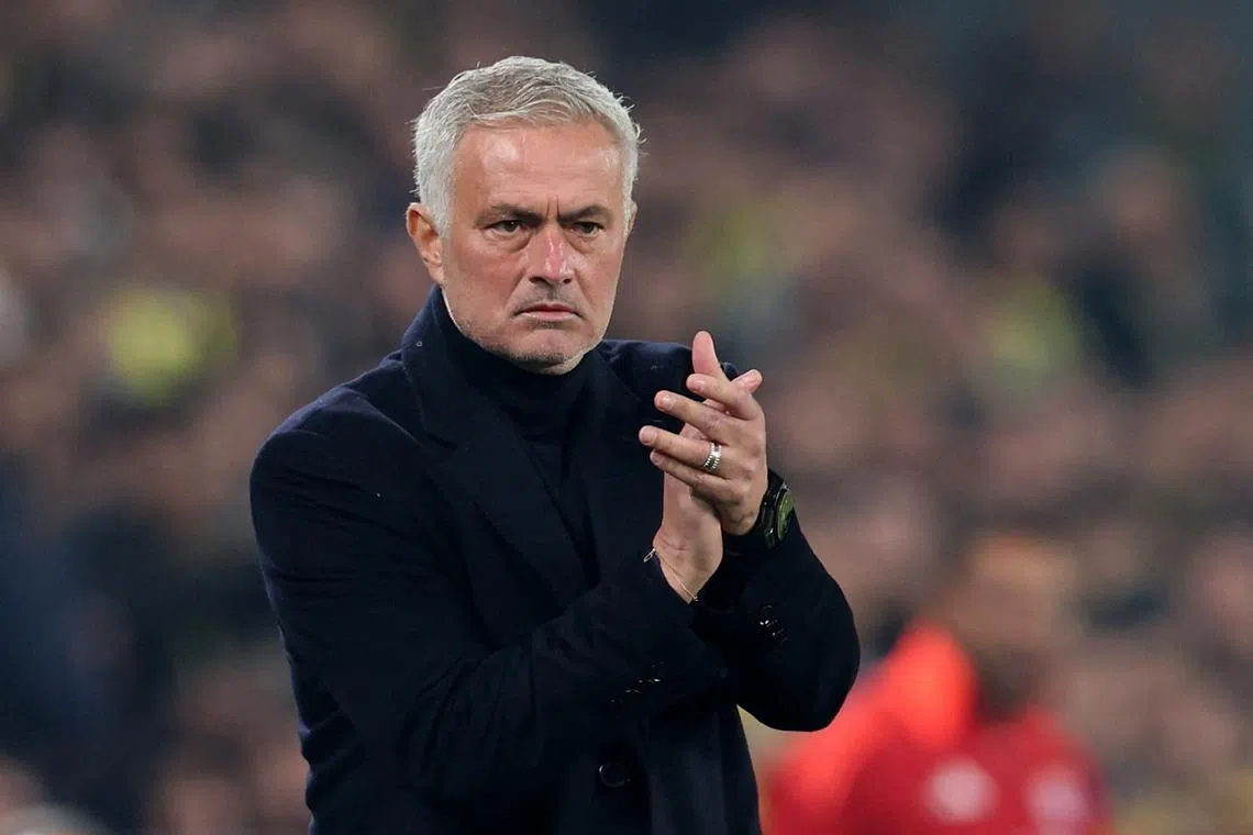 FILE PHOTO: Soccer Football - Europa League - Fenerbahce v Olympique Lyonnais - Sukru Saracoglu Stadium, Istanbul, Turkey - January 23, 2025 Fenerbahce coach Jose Mourinho reacts REUTERS/Murad Sezer/File Photo