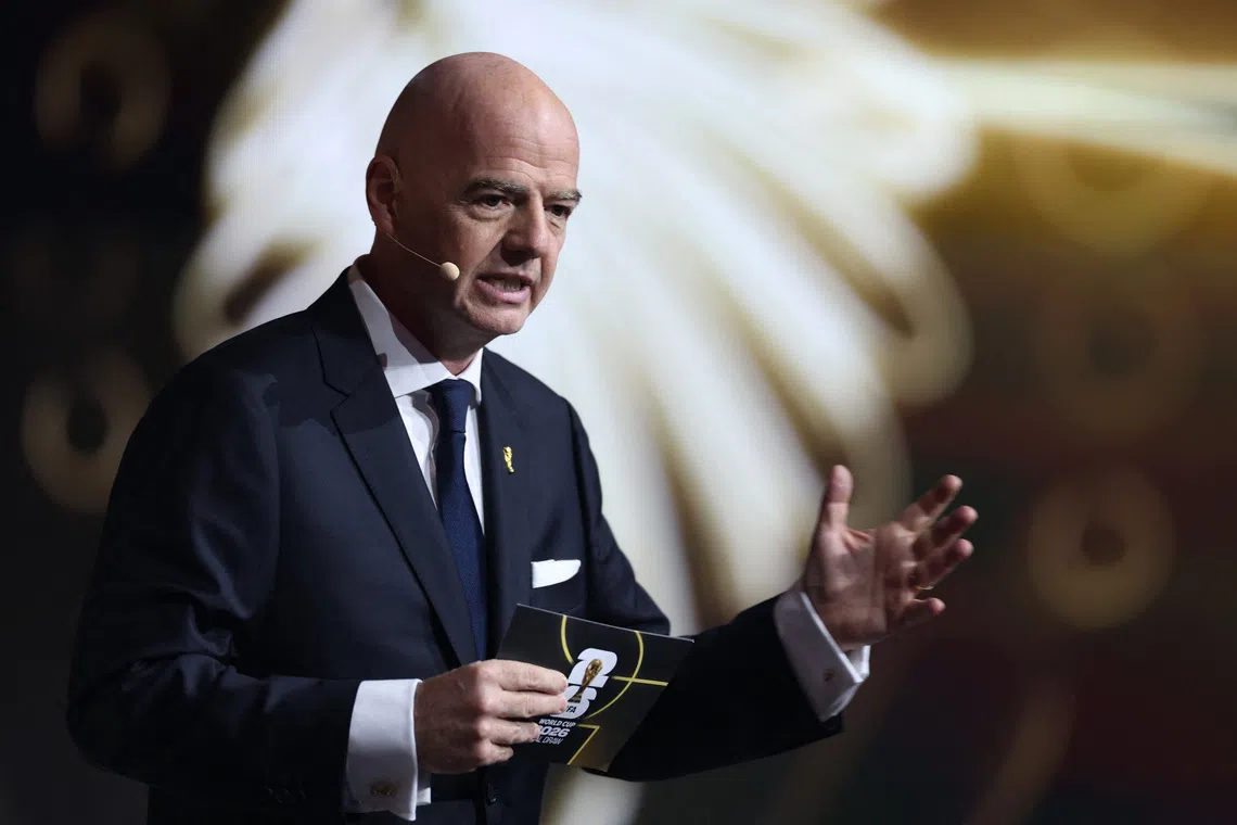 Soccer Football - FIFA World Cup 2026 - FIFA World Cup 2026 Draw - John F. Kennedy Center for the Performing Arts, Washington, D.C., U.S. - December 5, 2025 FIFA President Gianni Infantino on stage during the FIFA World Cup 2026 draw Pool via REUTERS/Dan Mullan