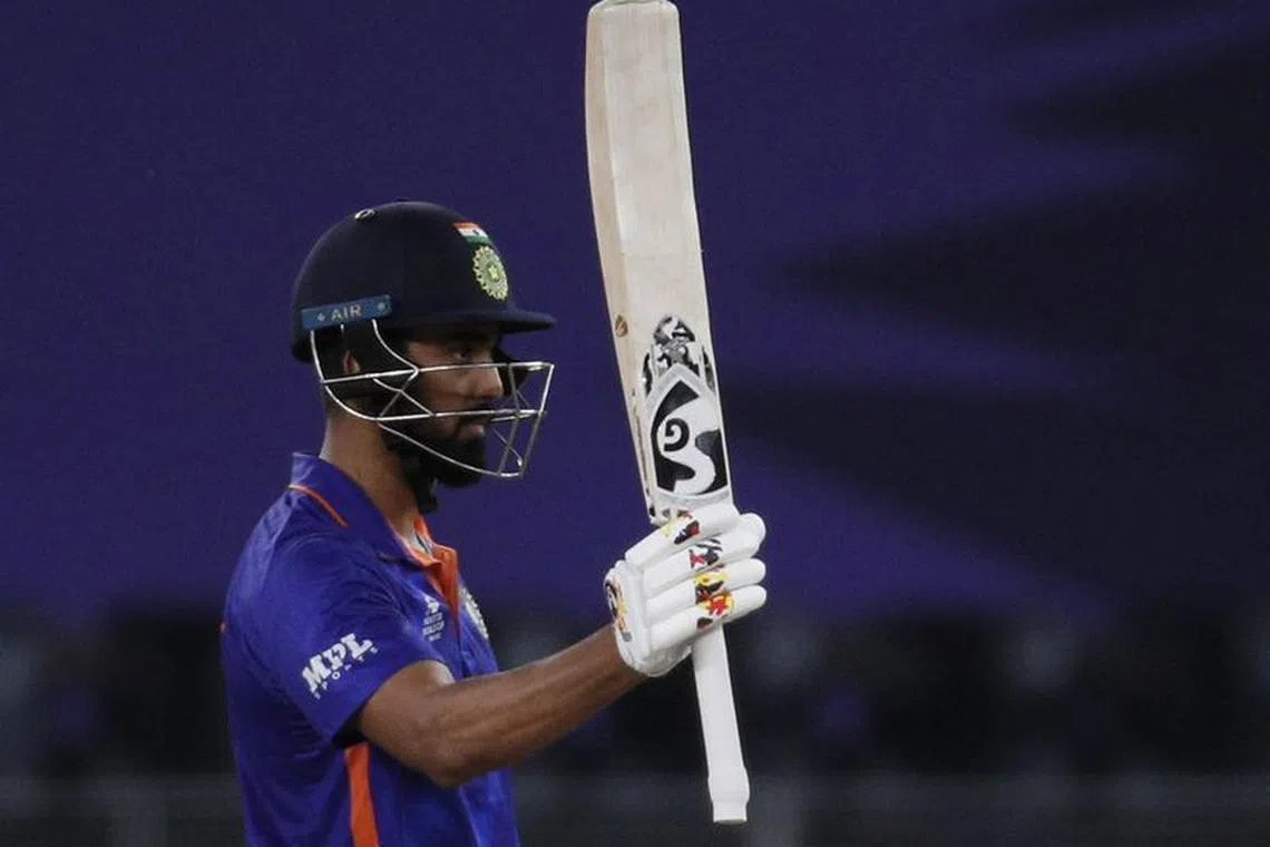 Cricket - ICC Men's T20 World Cup - Super 12 - Group 2 - India v Namibia - Dubai International Cricket Stadium, Dubai, United Arab Emirates - November 8, 2021 India's KL Rahul celebrates reaching his half century REUTERS/Hamad I Mohammed/File Photo