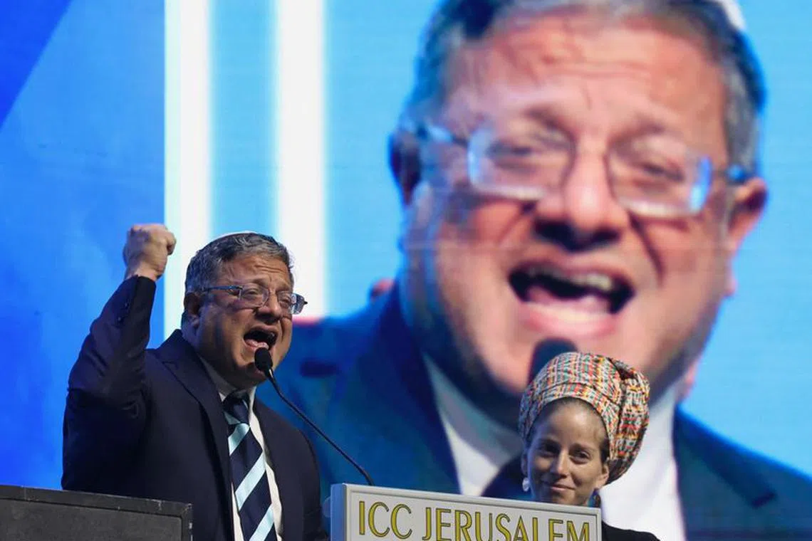 Israel's National Security Minister Itamar Ben-Gvir speaks as he attends a convention calling for Israel to rebuild settlements in the Gaza Strip and the northern part of the Israeli-occupied West Bank, in Jerusalem, January 28, 2024. REUTERS/Ronen Zvulun/File Photo