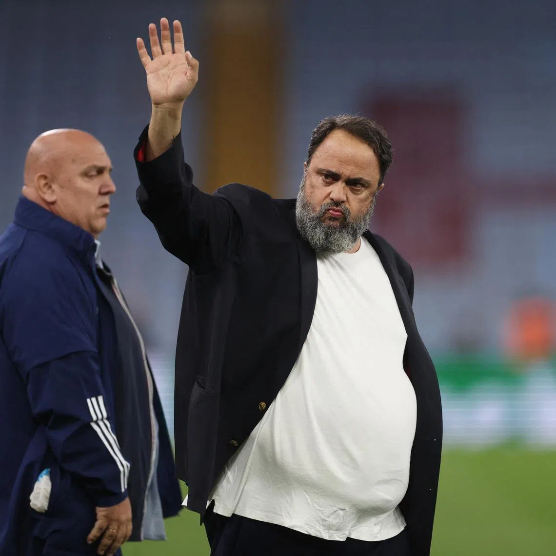 FILE PHOTO: Soccer Football - Europa Conference League - Semi Final - First Leg - Aston Villa v Olympiacos - Villa Park, Birmingham, Britain - May 2, 2024  Olympiacos owner Evangelos Marinakis celebrates after the match Action Images via Reuters/Paul Childs/File Photo