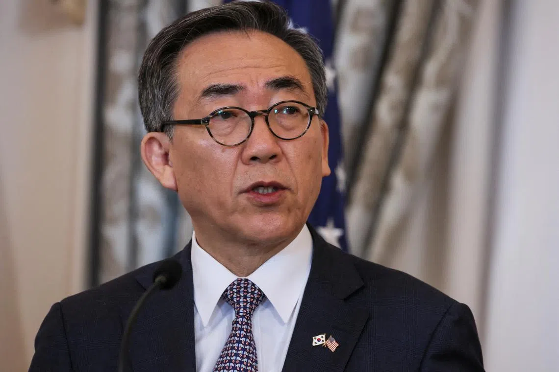 FILE PHOTO: South Korean Foreign Minister Cho Tae-yul attends a joint press conference during a 2+2 meeting, at the State Department in Washington, U.S., October 31, 2024. REUTERS/Leah Millis