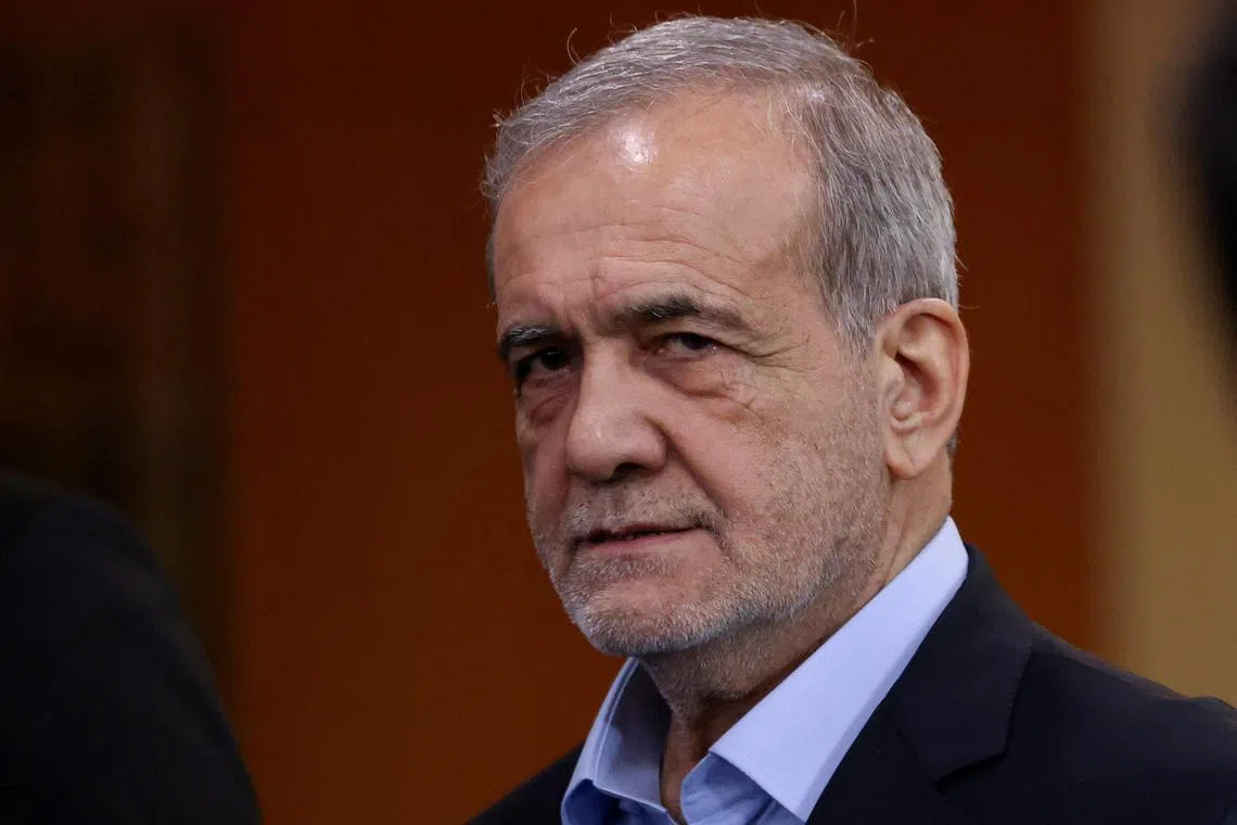 FILE PHOTO: Iran's President Masoud Pezeshkian looks on, on the sidelines of the 79th United Nations General Assembly at U.N. headquarters in New York, U.S., September 24, 2024.  REUTERS/Caitlin Ochs/File Photo
