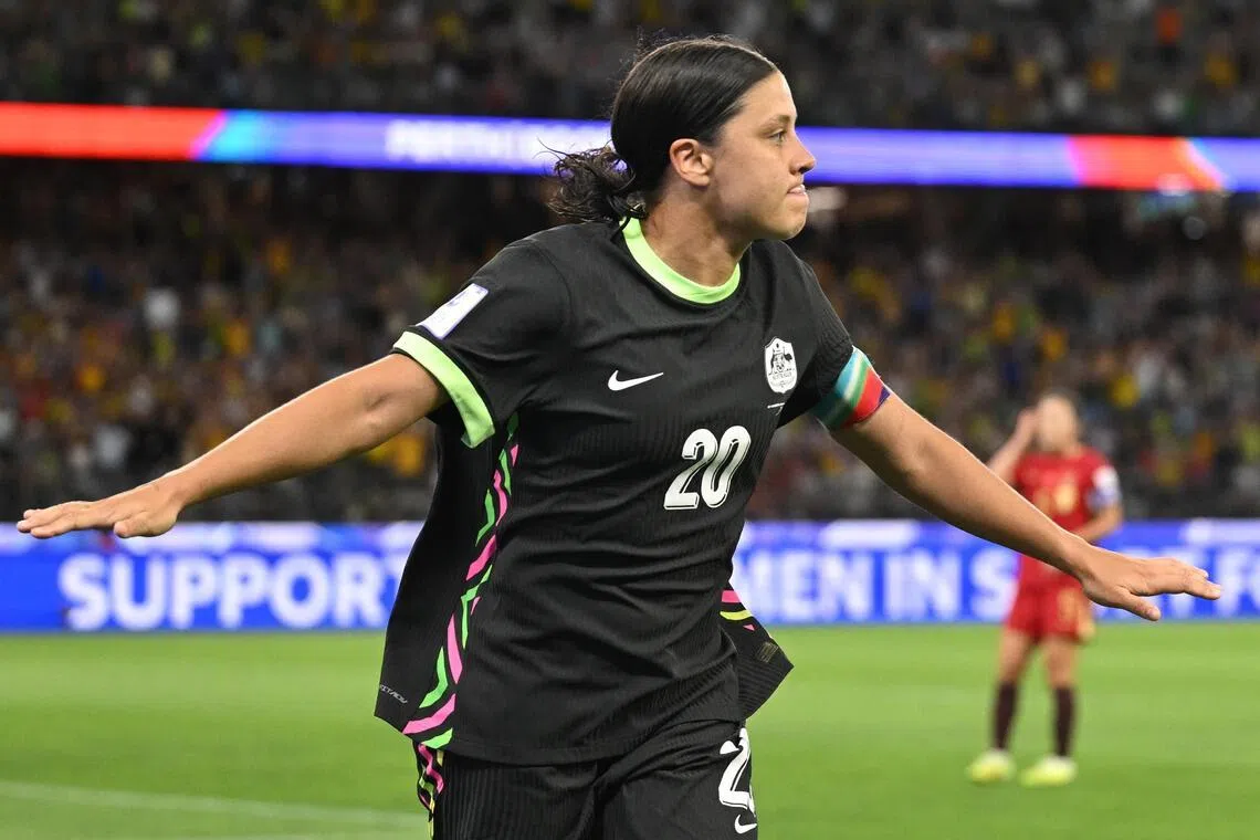 Sam Kerr of Australia celebrates after scoring the winner in the 2-1 Women's Asian Cup semi-final win over China.