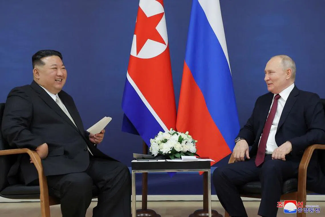 Russia's President Vladimir Putin and North Korea's leader Kim Jong Un attend a meeting at the Vostochny Cosmodrome in the far eastern Amur region, Russia, September 13, 2023 in this image released by North Korea's Korean Central News Agency.   KCNA via REUTERS