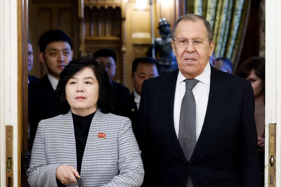 Russian Foreign Minister Sergei Lavrov walks with his North Korean counterpart Choe Son Hui, in Moscow, Russia, January 16, 2024. REUTERS/Maxim Shemetov/Pool
