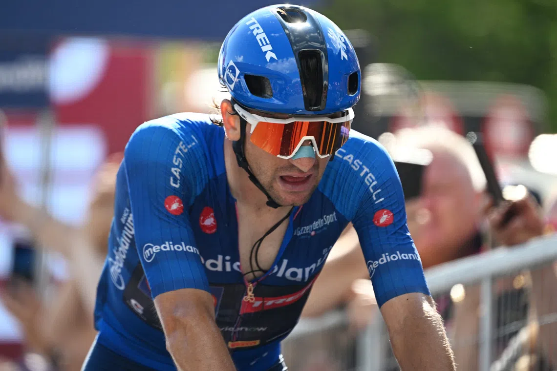 Cycling - Giro d'Italia - Stage 19 - Feltre to Alleghe - Italy - May 29, 2026 Lidl - Trek's Giulio Ciccone reacts after stage 19 REUTERS/Jennifer Lorenzini/File Photo