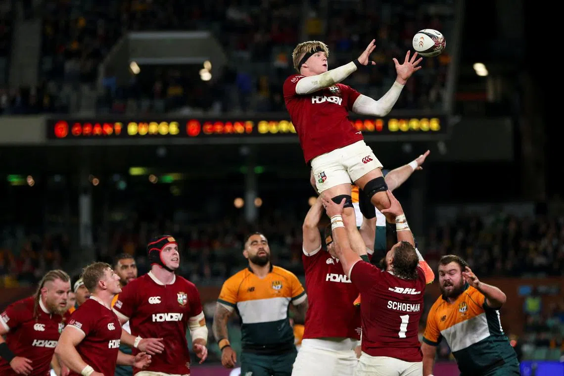 Henry Pollock winning a line-out for the British & Irish Lions during their 48-0 win over a combined Australia-New Zealand side at Adelaide Oval in Adelaide, Australia, on July 12, 2025.