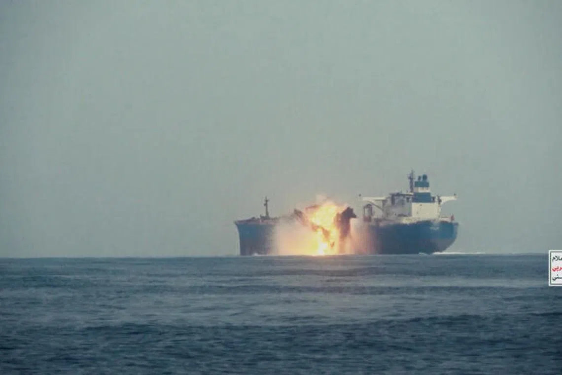 FILE PHOTO: The oil tanker Cordelia Moon bursts into flames after being hit by a missile in the Red Sea off Yemen's Red Sea port of Hodeidah, in this screengrab from a video released on October 1, 2024. Houthi Military Media/Handout via REUTERS THIS IMAGE HAS BEEN SUPPLIED BY A THIRD PARTY/File Photo