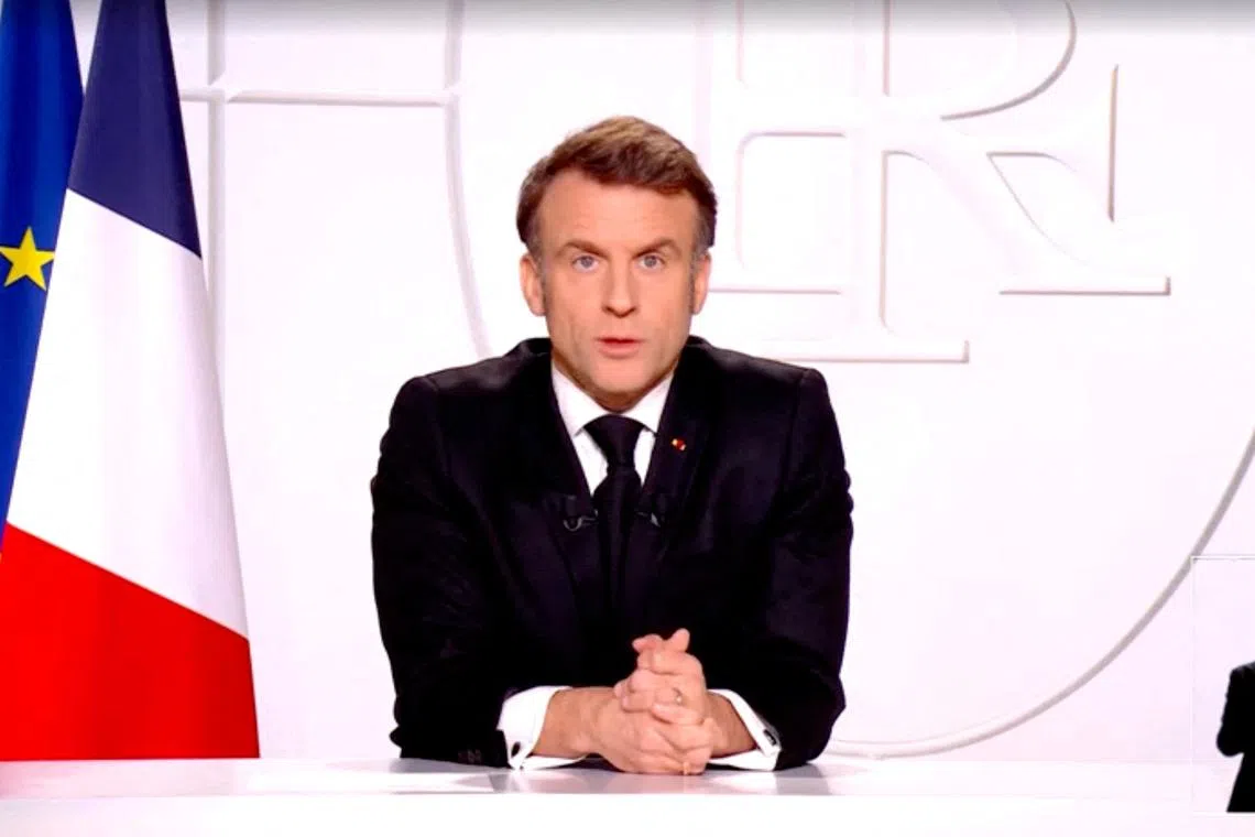 FILE PHOTO: French President Emmanuel Macron addresses the nation, in Paris, France, March 5, 2025, in this screen grab taken from a video. France Televisions/Handout via REUTERS/File Photo