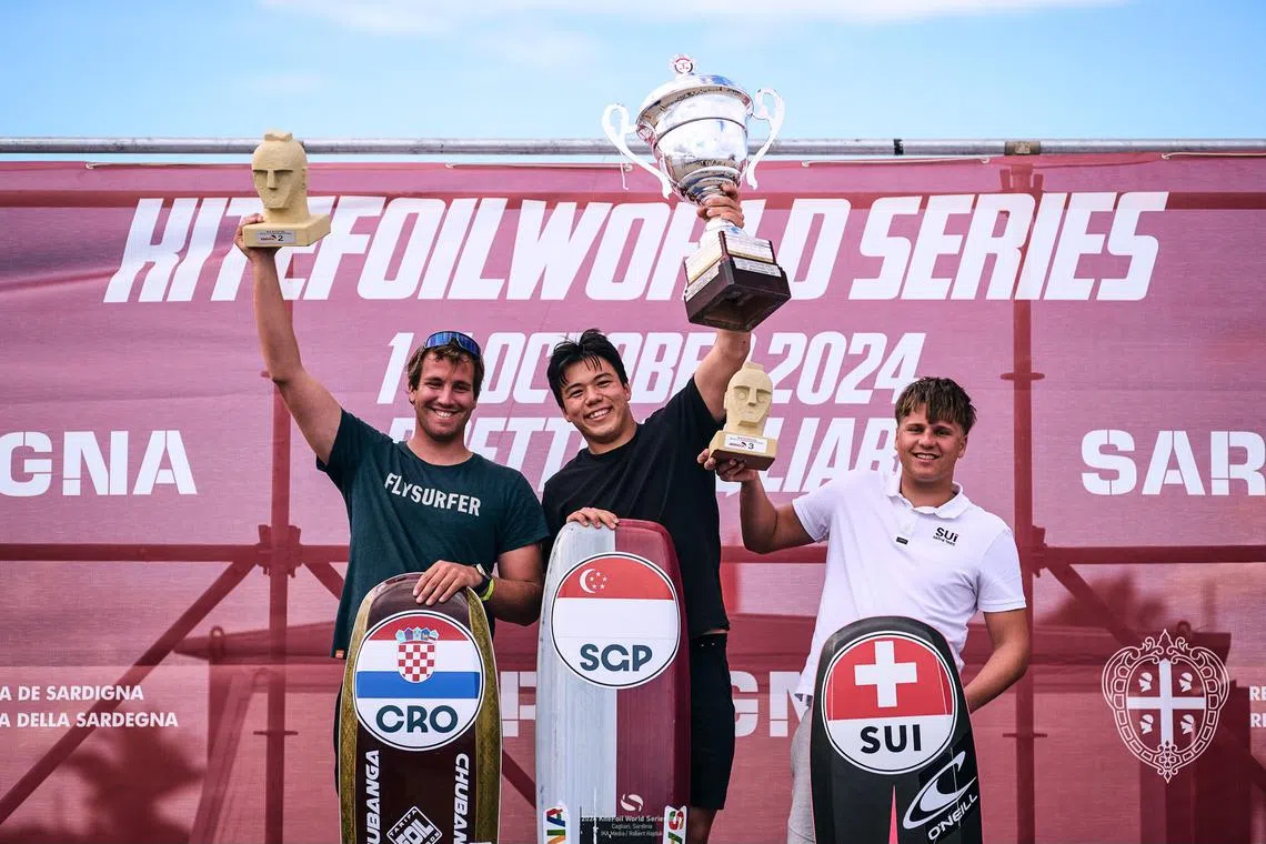 Singaporean kitefoiler Maximilian Maeder (centre) has won back-to-back KiteFoil World Series overall titles.
