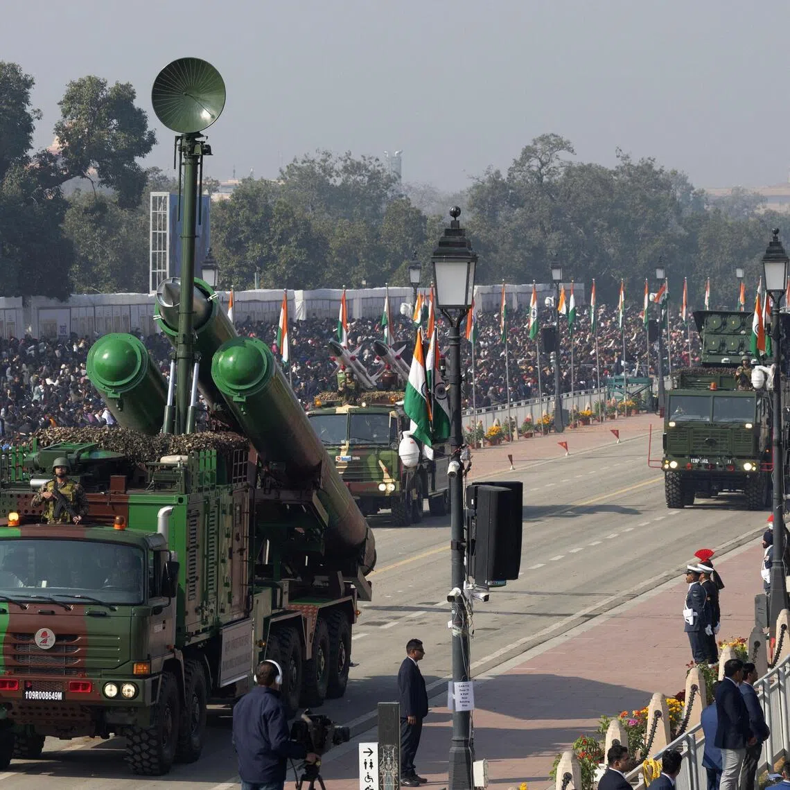 The India Army's BrahMos missile launcher is displayed during the Republic Day parade in New Delhi, India, on Jan 26, 2026.