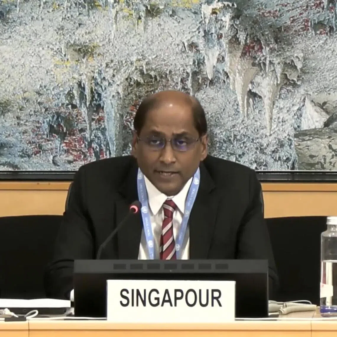 Ambassador Jaya Ratnam, Singapore’s permanent representative to the UN Office in Geneva, Switzerland, addressing delegates gathered for Singapore’s fourth Universal Periodic Review, on Sept 28.