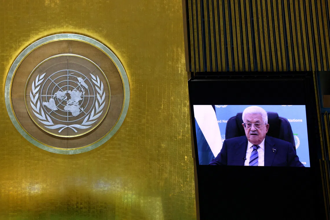 President of the State of Palestine Mahmoud Abbas addresses the 81st United Nations General Assembly via pre-recorded video (UNGA) at UN headquarters in New York City, US, September 24, 2026. REUTERS/Mike Segar