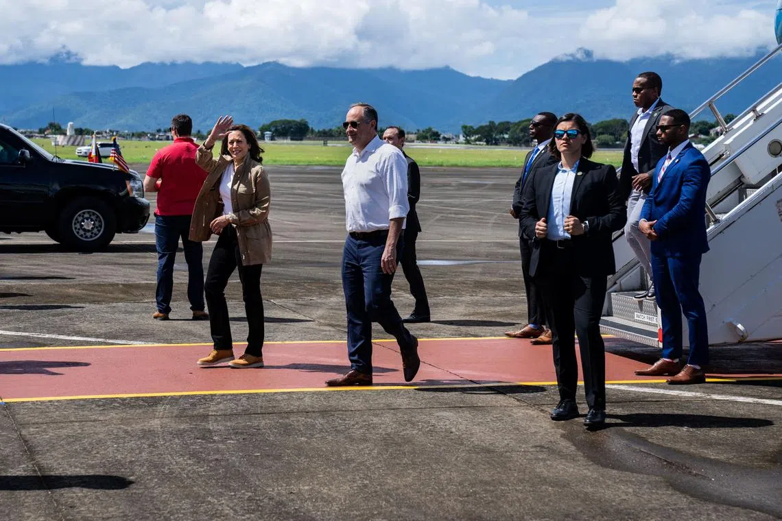 US Vice-President Kamala Harris arrives at Puerto Princesa International Airport in the Philippines ahead of a visit to a local village in Palawan on Nov 22, 2022. 