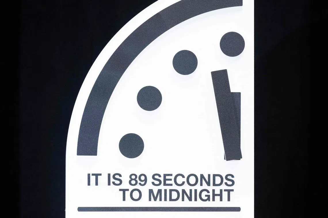 The Doomsday Clock is seen at 89 seconds to midnight, the closest the clock has ever been to midnight in its 78-year history to signal that the world is on a course of unprecedented risk.