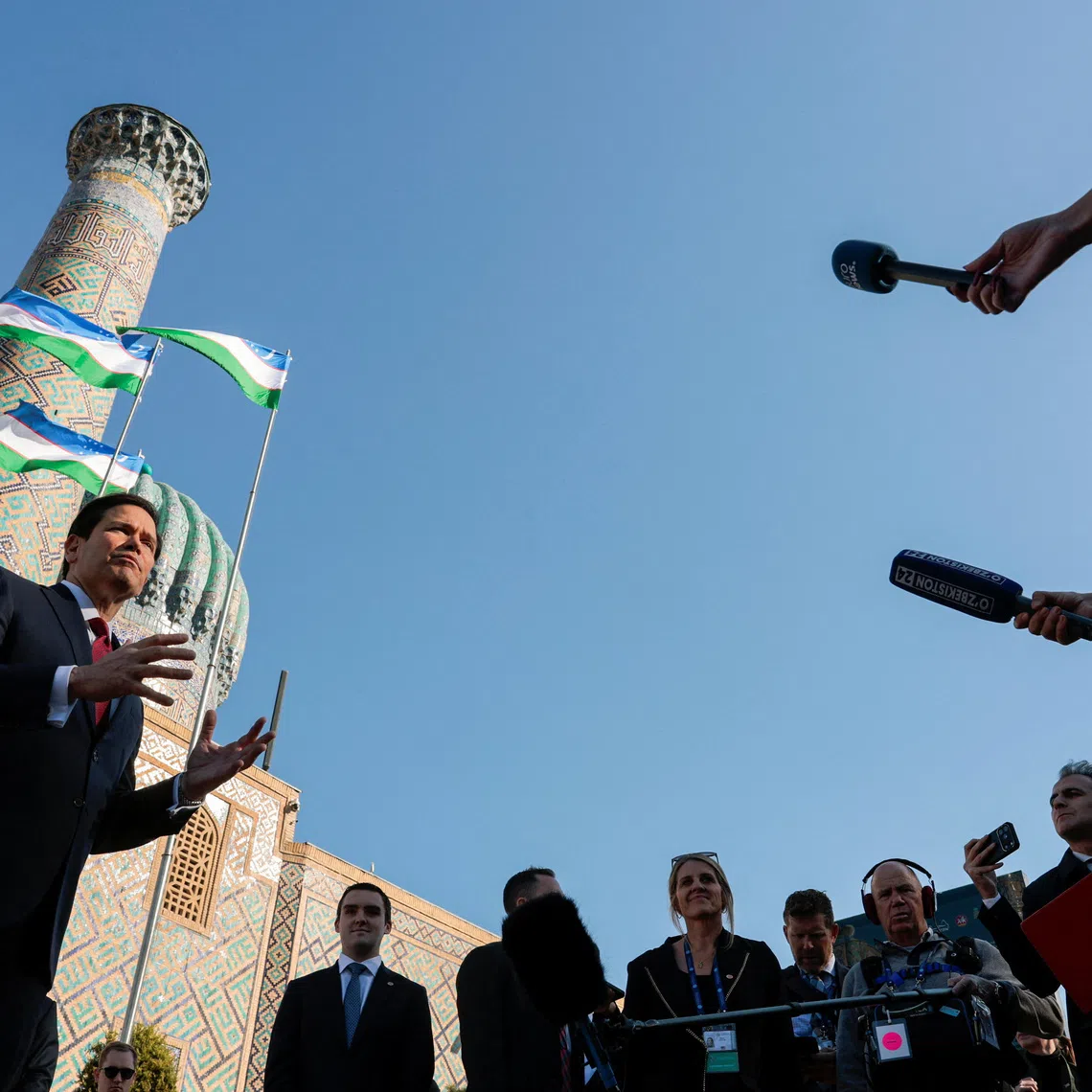 US Secretary of State Marco Rubio speaks to the press at Registan Square, in Samarkand, Uzbekistan, October 19, 2026. REUTERS/Kylie Cooper/Pool