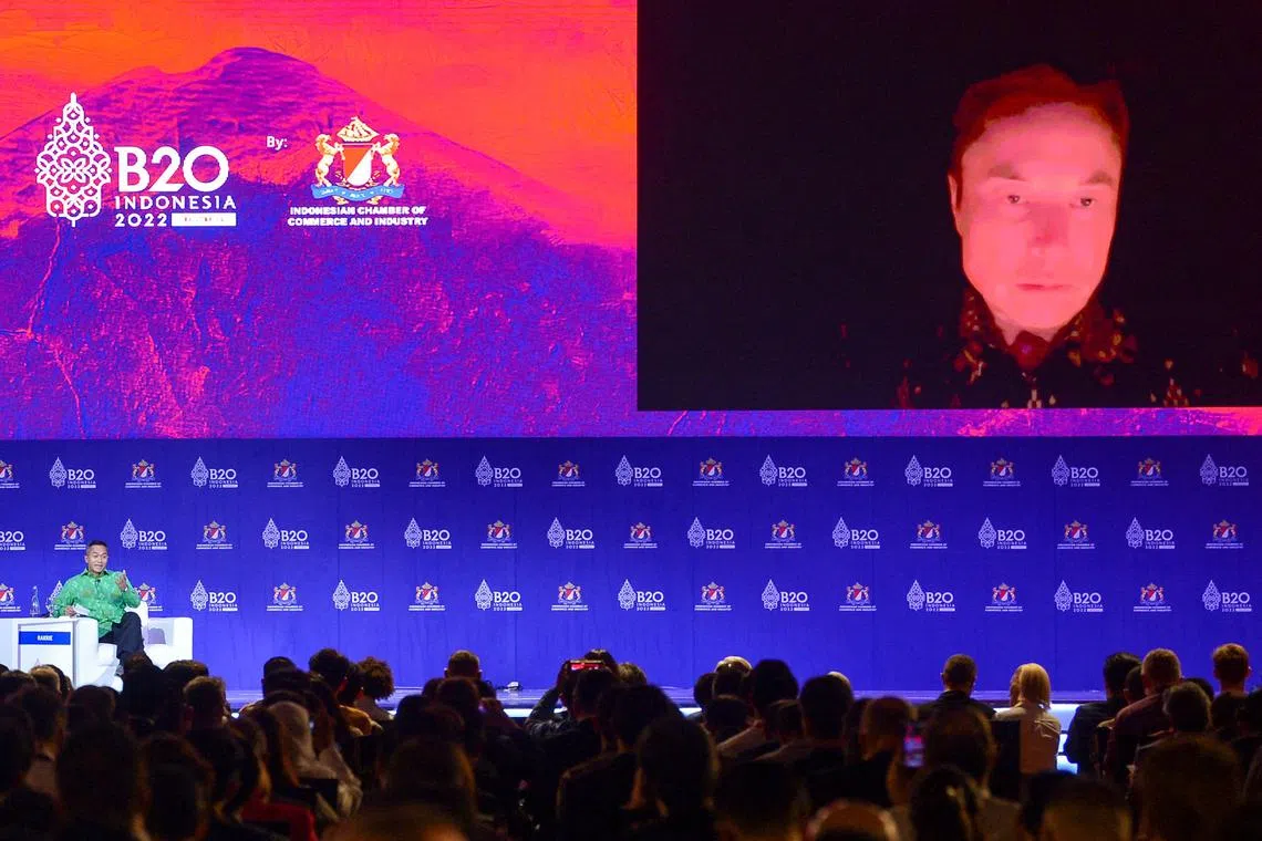 Tesla CEO and Twitter owner Elon Musk speaking virtually at the B20 Summit as part of the G-20 dialogue in Bali. 