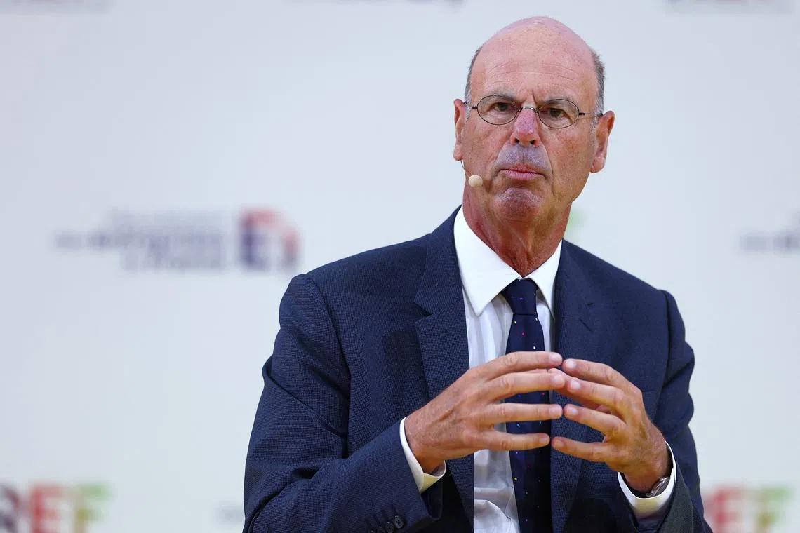 French Minister for Economy, Finance, Industrial and Digital Security Eric Lombard gestures as he speaks during the MEDEF union summer forum \"La Rencontre des Entrepreneurs de France, LaREF\" in Paris, France, August 28, 2025. REUTERS/Abdul Saboor