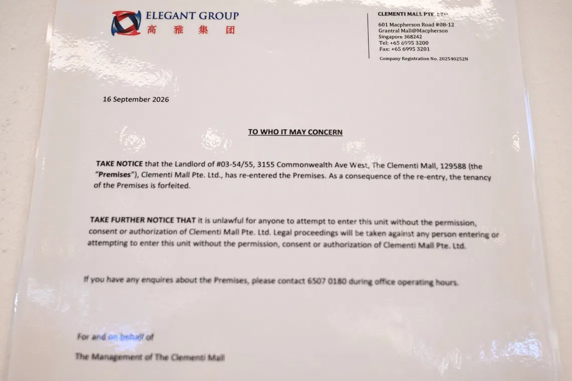 A repossession notice seen posted on hoarding where the former Crystal Jade outlet at Clementi Mall stood on Sept 17.