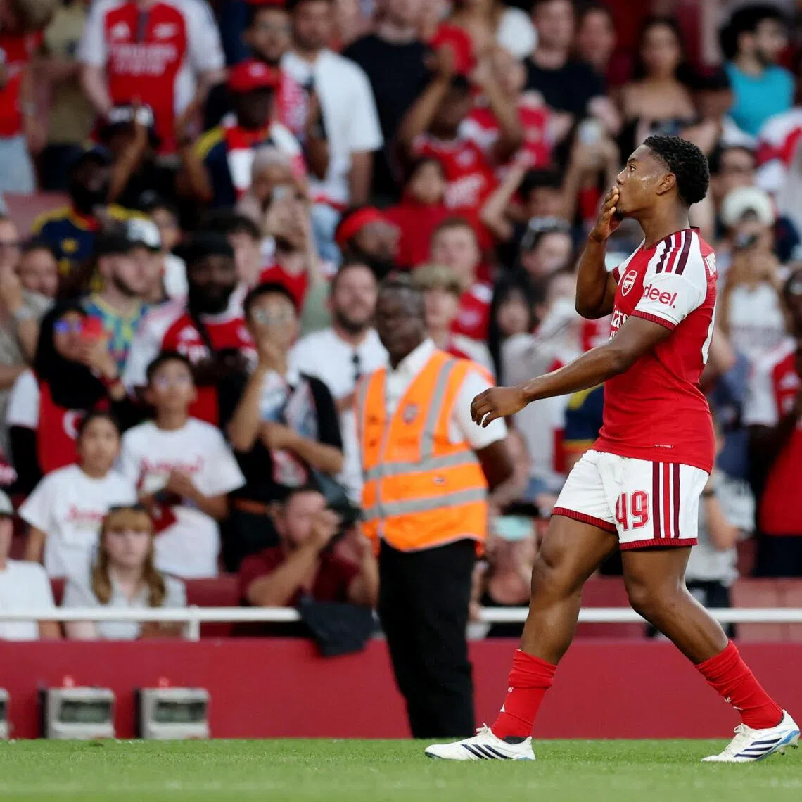 Arsenal’s Myles Lewis-Skelly celebrating after scoring the opener in a 1-1 friendly draw with Como at the Emirates on Aug 12.
