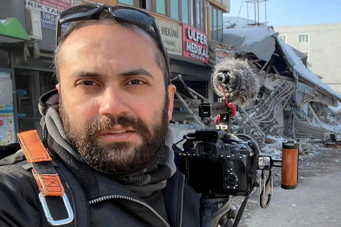 Reuters' journalist Issam Abdallah takes a selfie picture while working in Maras, Turkey, February 11, 2023. REUTERS/Issam Abdallah